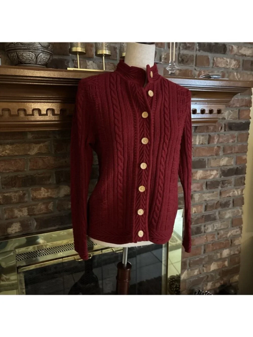 Ll Bean Red Cable Knit Cardigan Size Medium 100% Cotton